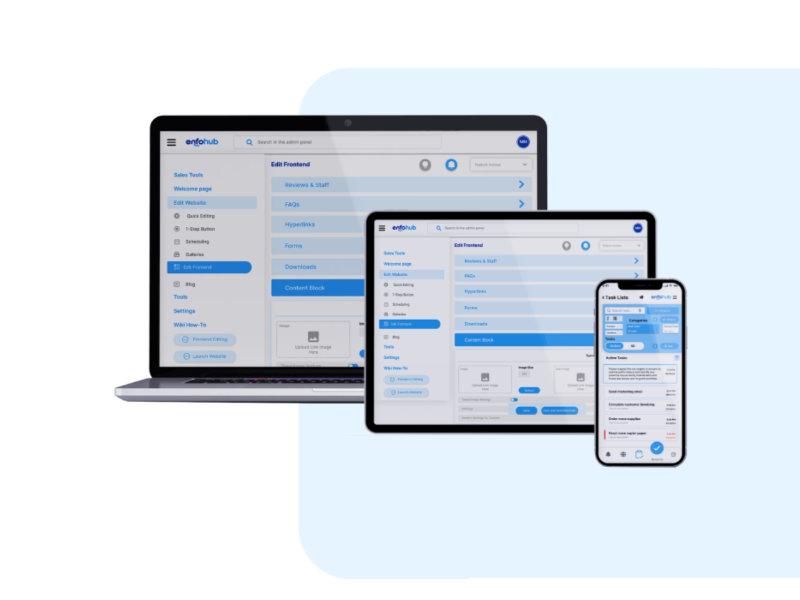 Website Builder App - $30.00 per month
This basic Website Builder is accessible via computer, tablet, and cell phone. It includes small business tools and a Task Manager App.
All new website builder customers receive a personal coach for small business issues and marketing, referred to as your App. Your website is built by your App Manager after meeting with you. There is no fee for the website building; we only ask for 3 referrals to new enfohub customers.